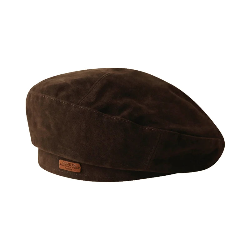 Aiertu  -  Winter Suede Beret Hat for Men Women Leather Label Newsboy Hat Outdoor Warm Thickened Berets Retro Texture Versatile Painter Cap Aiertu