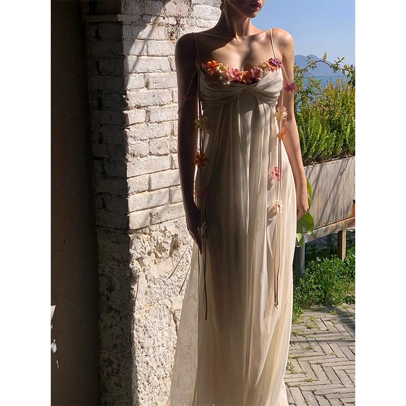 Aiertu  -  Fairy Long Dress Women Boho Vacation Floral Spaghetti Straps Maxi Dresses Summer Fashion Korean Elegant Beach Vestidos New Aiertu