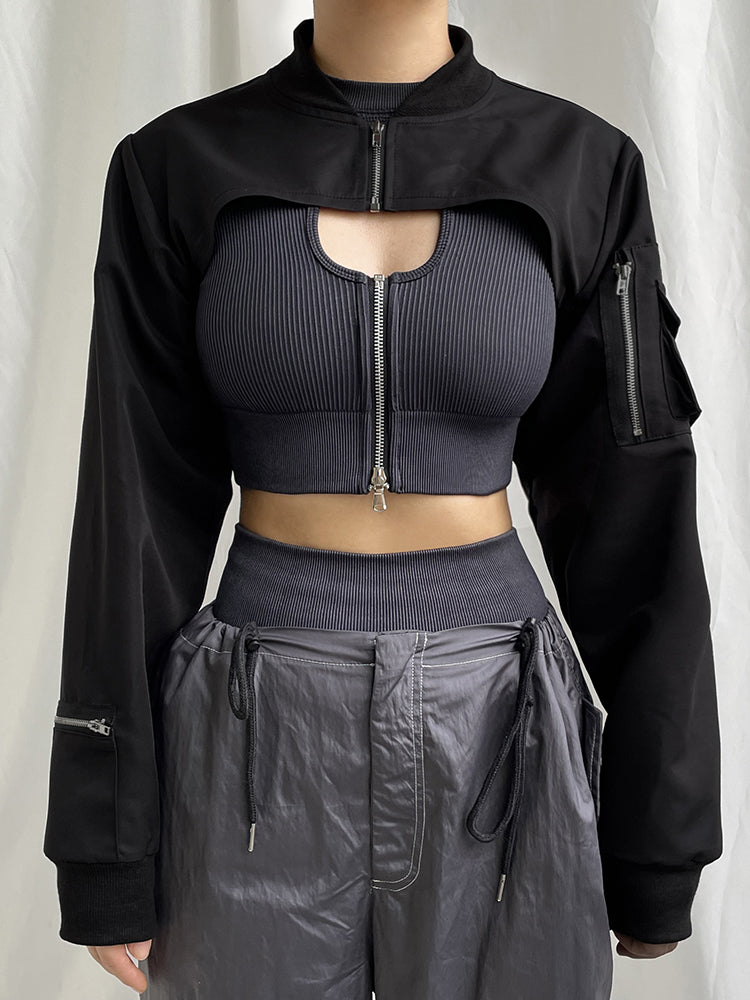 Aiertu - summer inspo Zip Up Stand Collar Long Sleeve Black Cropped Jackets Women Pocket Safari Style Streetwear Aiertu