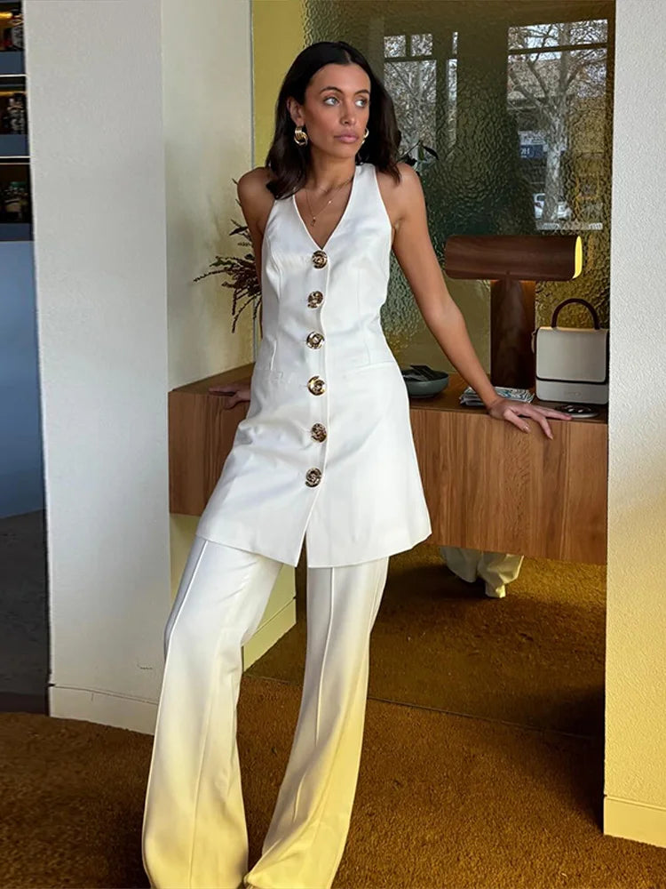 Aiertu  -  Fashion Blazer Suit Women Halter Sleeveless Backless Single Breasted Slim Tank Long Pant Female Set 2025 Spring Summer Lady Sets Aiertu