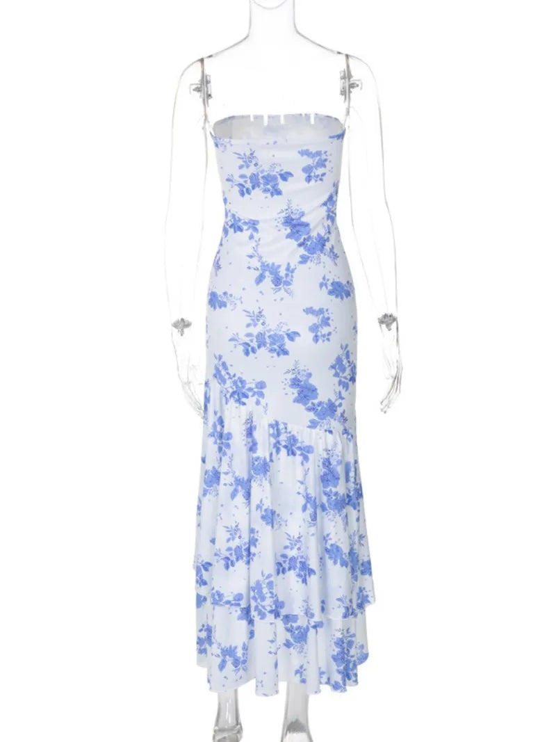 Aiertu  -  Blue Floral Print Strapless Summer Dresses for Women Sleeveless High Waist Backless Ruffles Irregular Split Evening Party Dress Aiertu