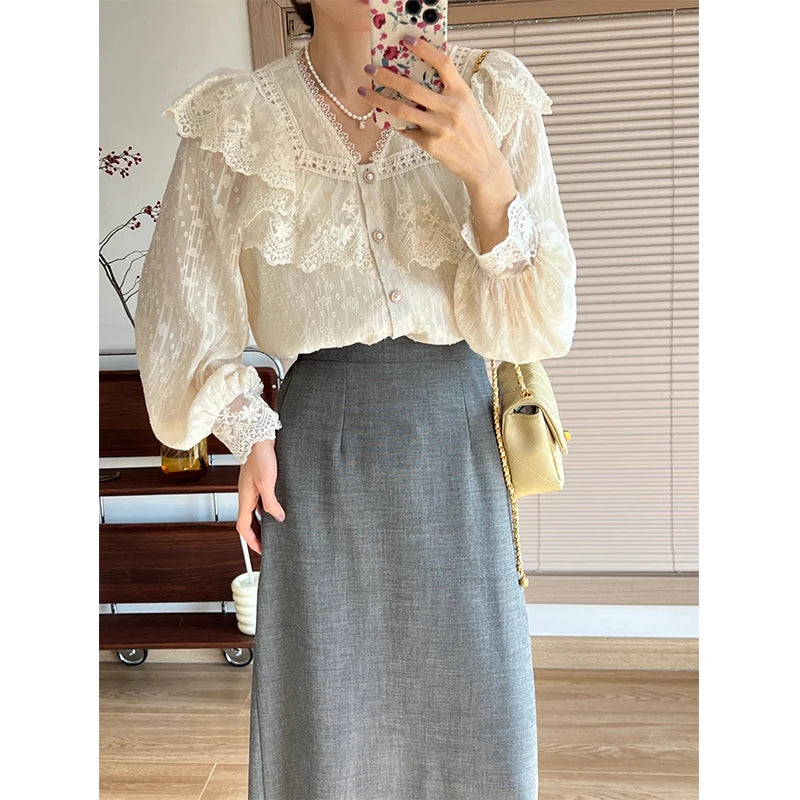 Aiertu Vintage Ruffles Shirts Women Elegant Lace Patchwork Blouses Office Lady Korean V Neck Long Sleeve All Match Chic Tops New Aiertu