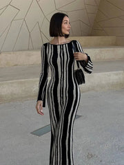 Aiertu  -  Women Chic Striped Printed Knitted O-neck Dresses Elegant Contrasting Color Long Sleeve Bodycon Dress 2026 Lady Party Streetwear Aiertu