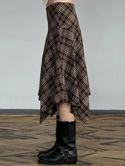 Aiertu  -Vintage Plaid Contrast High-Waisted Asymmetrical Skirt aiertu