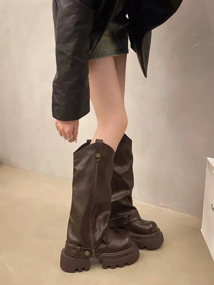 Aiertu    -  Autumn Women's Knee High Boots Western Round Toe Long Boots Women Western Shoes Chunky Heel Platform Women Aiertu