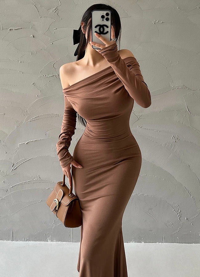 Aiertu Solid Color Slim Off The Shoulder Long Sleeve Dress Aiertu