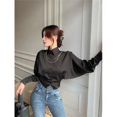 Aiertu Elegant Cropped White Shirts Women Korean Fashion Black Batwing Long Sleeve Blouses Office Ladies Basic Chic Tunic Tops Aiertu