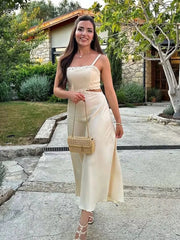 Aiertu  -  Sexy Hollow Out Sling Midi Dress Women Casual Pleated Square Collar Sleeveless A-line Female Dresses Summer Lady Vestidos Aiertu