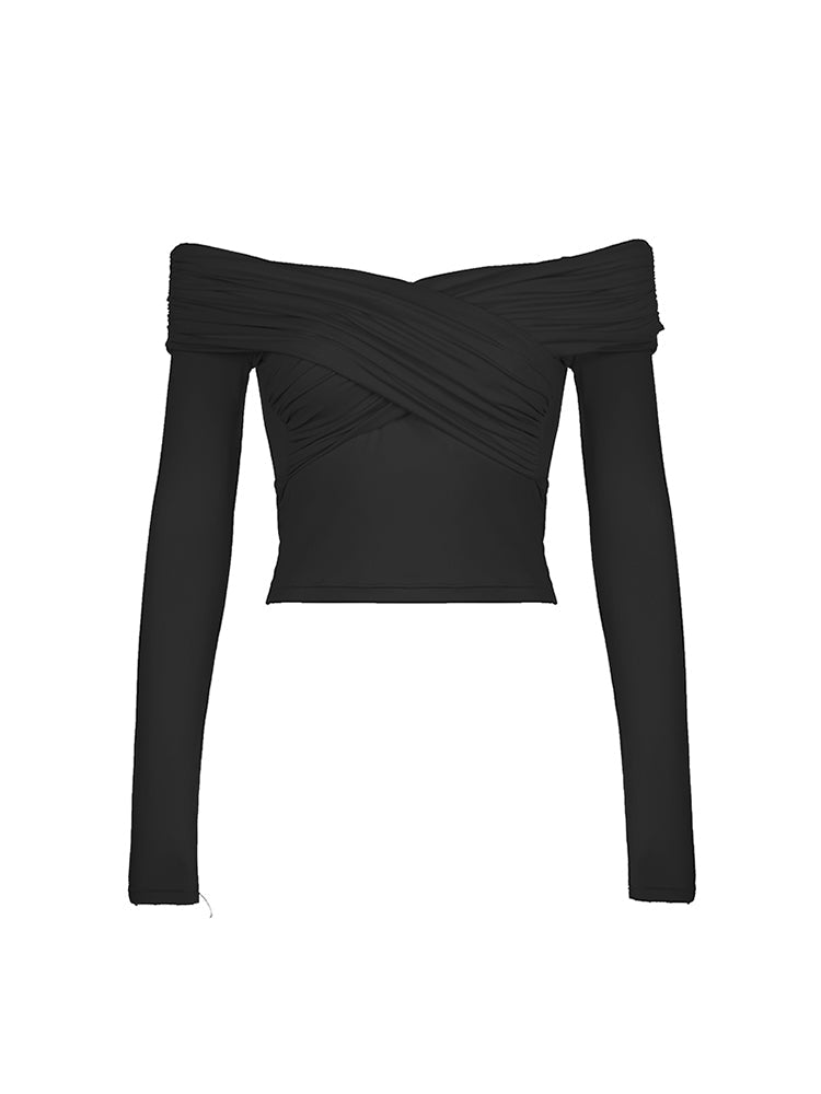 Aiertu - summer inspo Black Solid Off Shoulder Cross Elegant Sexy Slim Long Sleeve T-Shirt Women White Basic Cropped Tee Aiertu