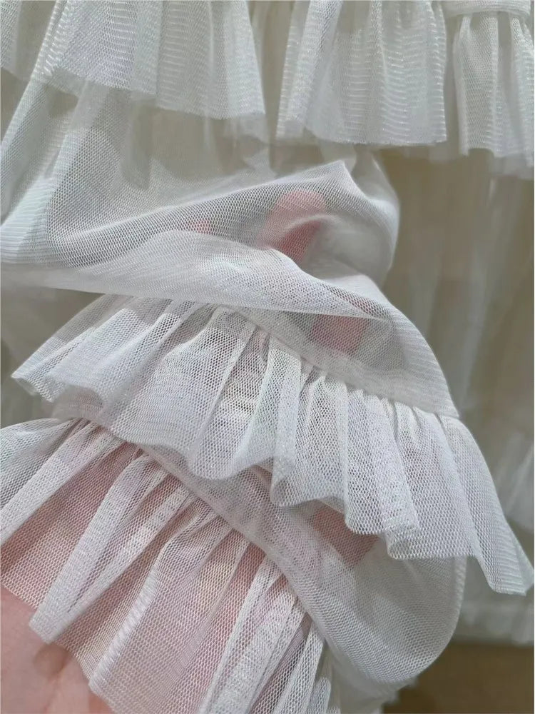 Aiertu  -  Sweet Chic Ruffle Mesh Tutu Cake Skirt Elastic Waist Beige Streetwear Long Skirt 2025 New Spring Summer A-line Fashion Skirts Aiertu