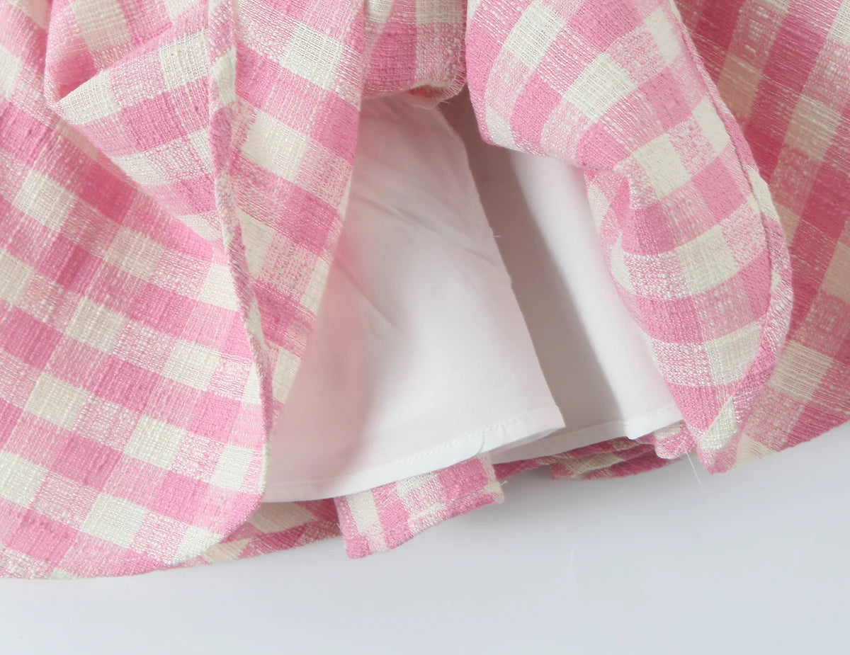 Aiertu  -  Sexy Gingham Pink Plaid Spliced Wood ears Lace Halter Dress Women V neck Slim Low Waist Swing Ball Gown Short Dresses Robe Aiertu