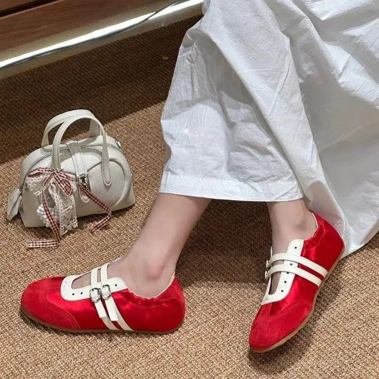 Aiertu  -  Silver Ballet Flats Women's Soft Leather Sport Mary Jane Ribbon Embellished Adult 1 Slip-on Casual Shoes Aiertu