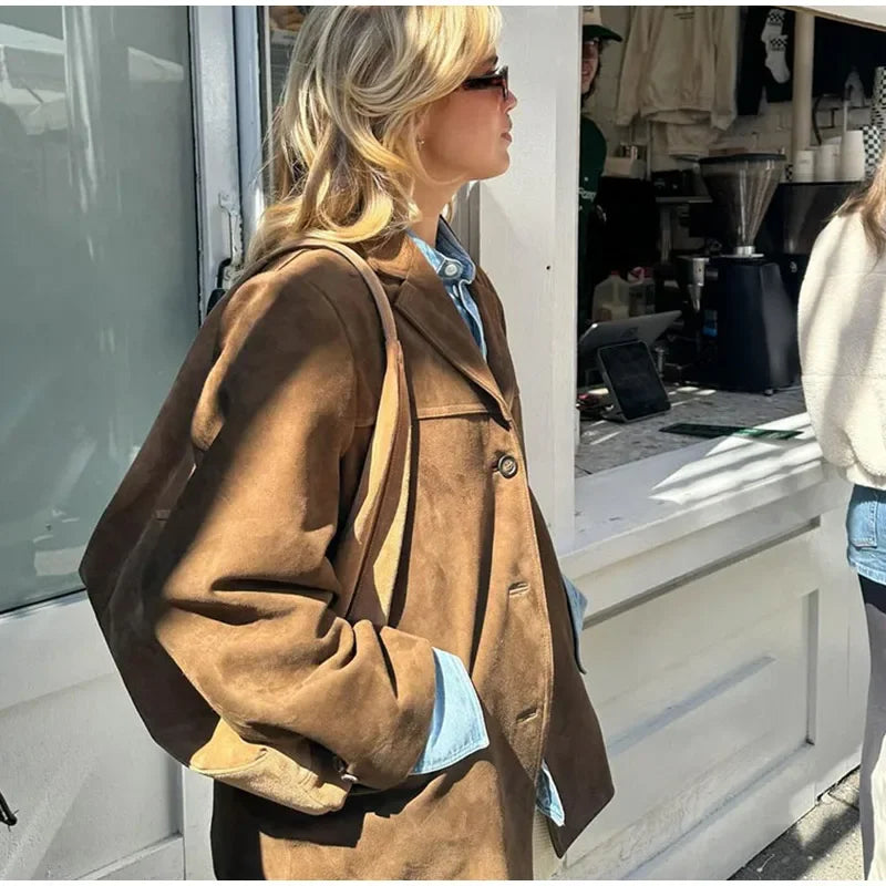 Aiertu  -  Vintage Faux Suede Lapel Coats Women Loose Single Breasted Pockets Blazer Jacket 2026 Autumn New Female Casual Chic Outwears Aiertu