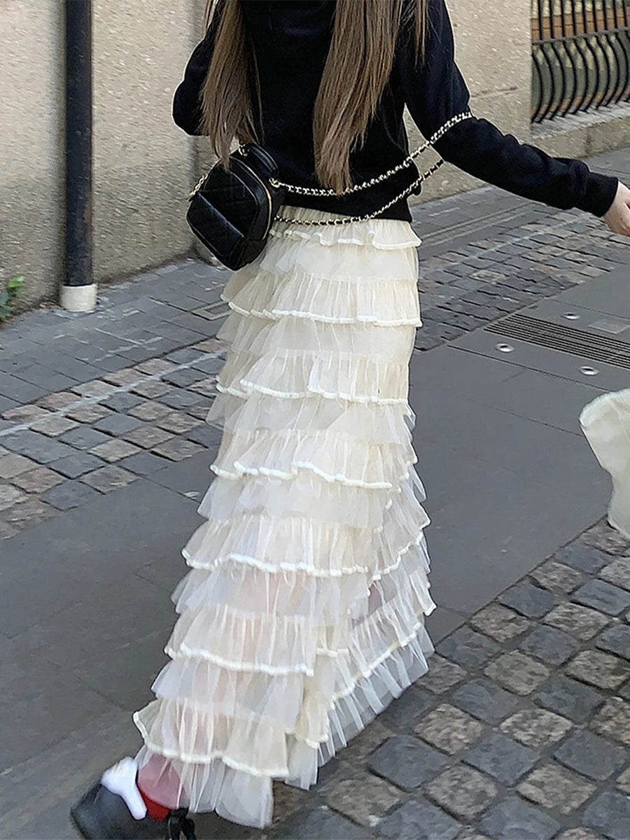Aiertu  -  Summer 2026 Long Cake Skirt Women Solid Color High Rise Layered Ruffled A-line Tulle Skirt for Daily Office Aiertu