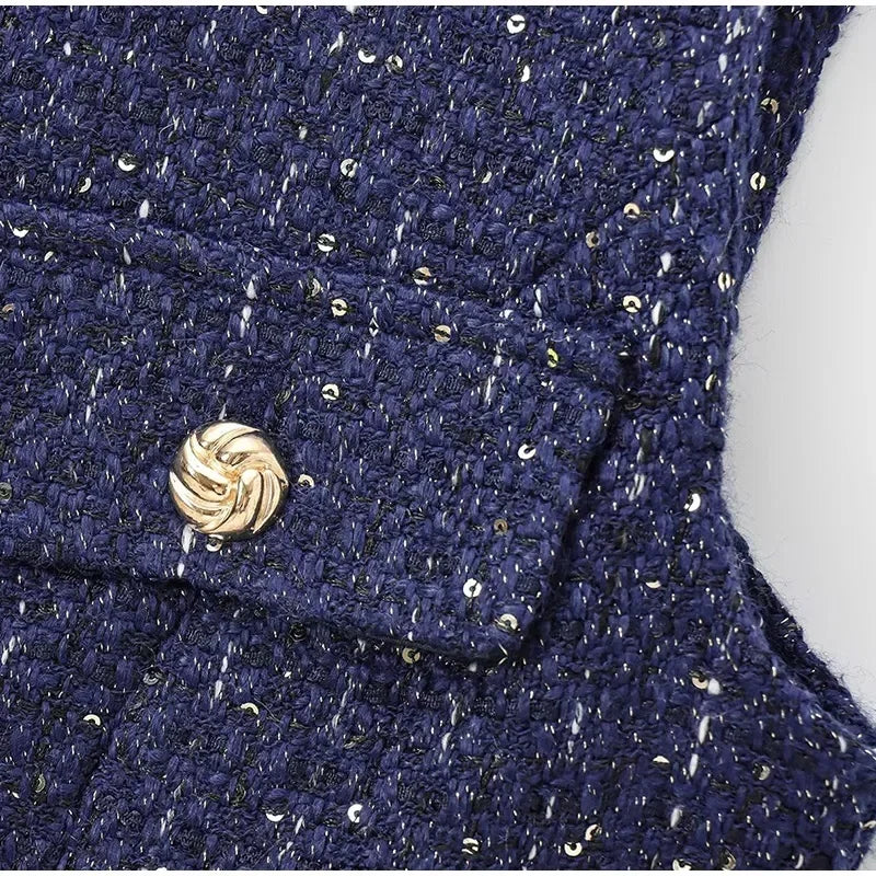 Aiertu  -  Elegant Solid Tweed Sequin Women Vests Sleeveless O-Neck Female Tank Fashion Slim Autumn Single Breasted Lady Waistcoat Aiertu