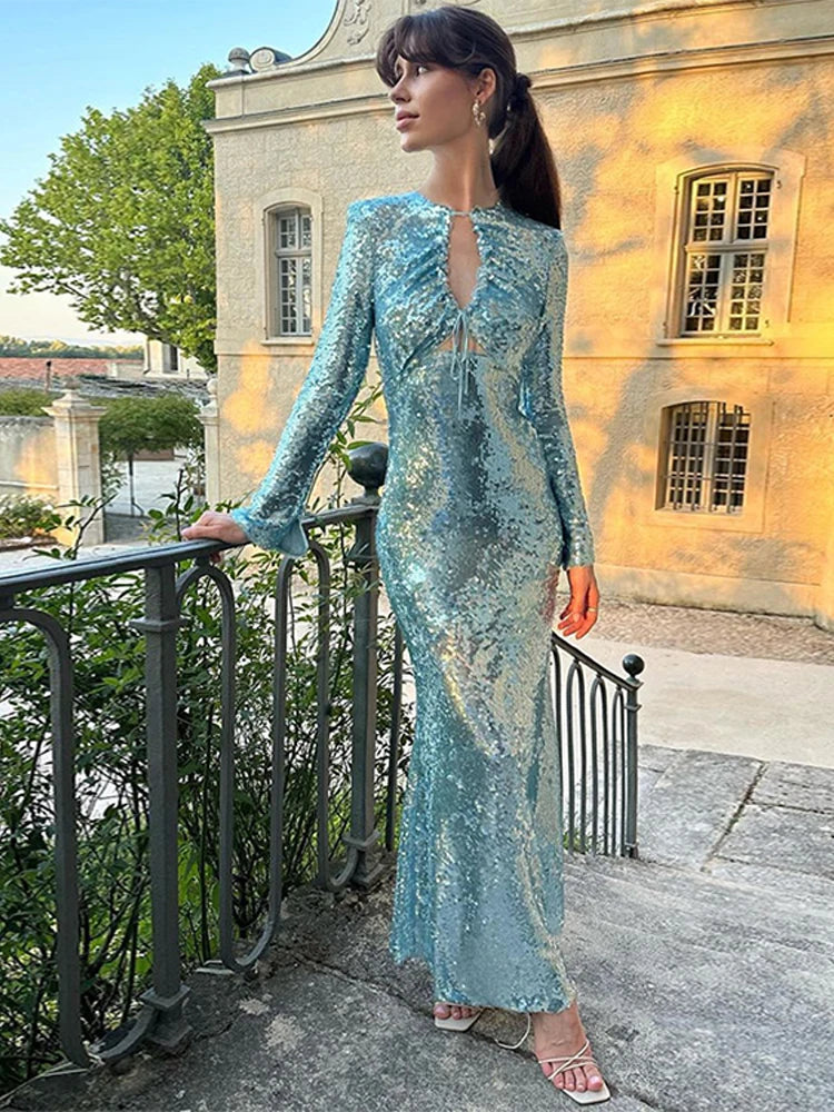 Aiertu  -  Elegant Sequin Drawstring Party Long Dress Women Slim Hollow Out Full Sleeve Hip Package Robes 2026 Fashion Lady Evening Dresses Aiertu