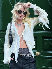 Aiertu  -  Sexy Hollow Lace Up Lapel Cardigan Top Female Ruffled Splice Slim Hot Girl T Shirt Fashion Long Sleeve Solid Autumn New Aiertu