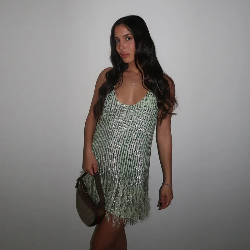 Aiertu  -  Feather Patchwork Sequin Evening Women Dress Loose Sleeveless A-line Loose Mini Vestidos 2026 Summer Party Street Lady Dresses Aiertu