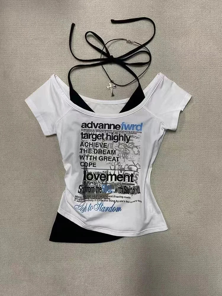 Aiertu  -  Retro Streetwear Y2K Letter Print T-Shirt Women Fashion Street Millennial Trend One Neck Spice Girl Slim Harajuku Casual Top Aiertu