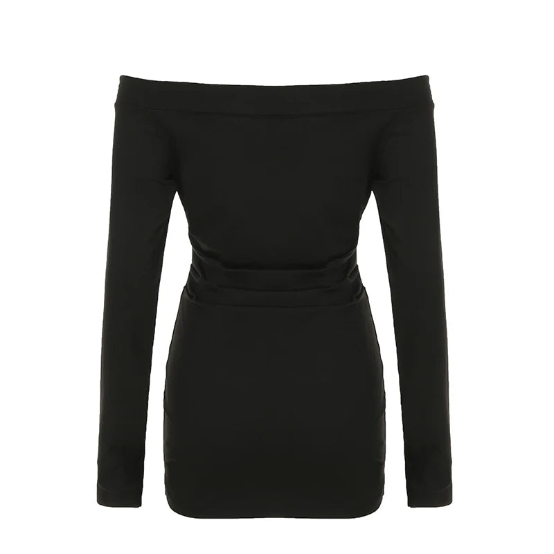 Aiertu  -  Rhinestone Detail Off Shoulder Long Sleeve Mini Dress Women Fashion Slim Fit Black Short Dresses Spring Casual Outfit Aiertu