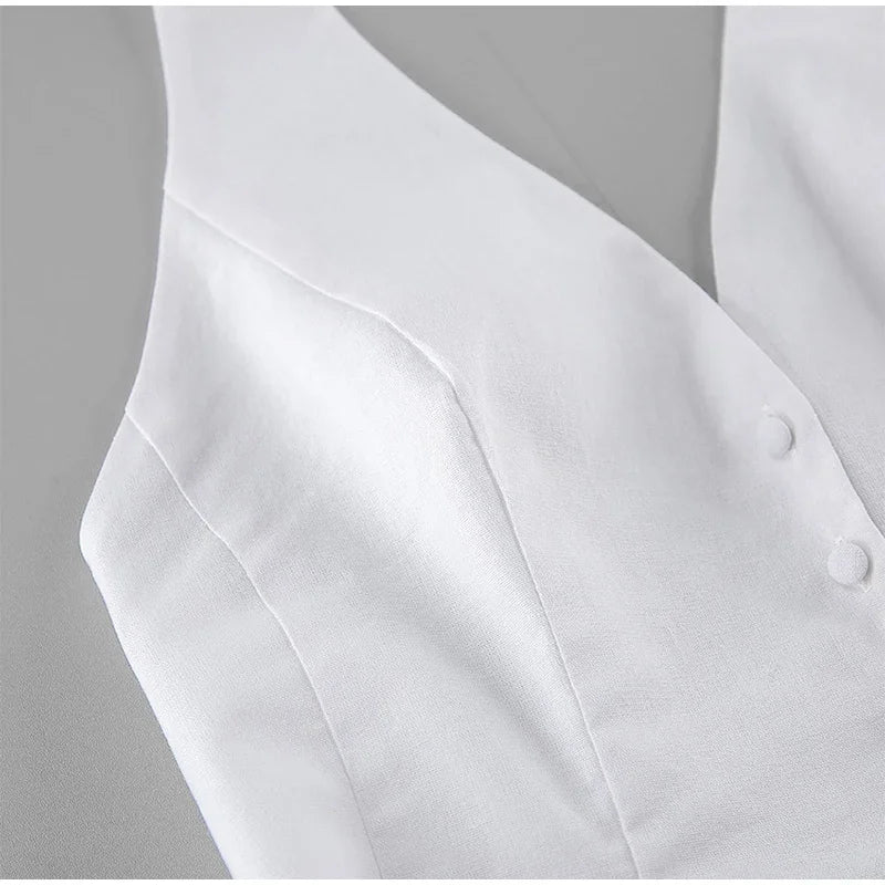 Aiertu  -  Cotton Linen Tank Top Shorts Sets Women's White Single Breasted Halter Ruffles Vest Wide Leg Shorts Suits Summer Commute Chic Aiertu
