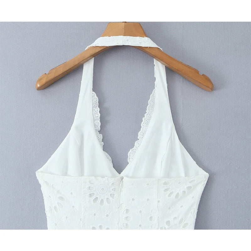 Aiertu  -  Fashion Hollow Out Embroidery White Halter Dress For Women Sexy Backless Low Waist  A-line Mini Summer Dresses French Style Robe Aiertu