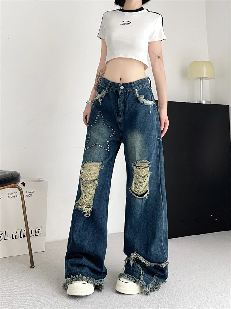 Aiertu  -  Women's Broken Hole Tassel Star Jeans Young Girl Straight Denim Trousers Vintage Street Style Bottoms Female High Waisted Pants Aiertu