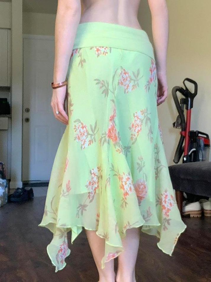 Aiertu  -Foldover Floral Printed Mesh Double Midi Skirt aiertu