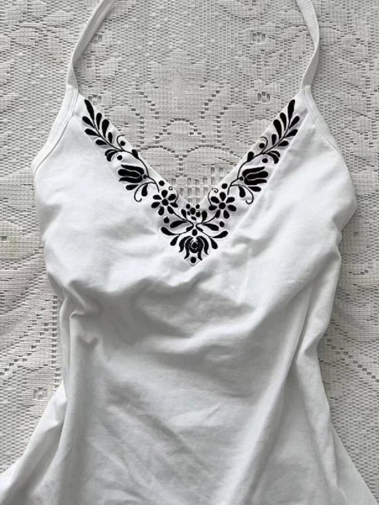 Aiertu  -  Summer Grunge Halter Bandage Fairy Crop Camisoles Sexy Streetwear Backless Vintage Tank Women Y2k Aesthetic Embroidery Top Tanks Aiertu