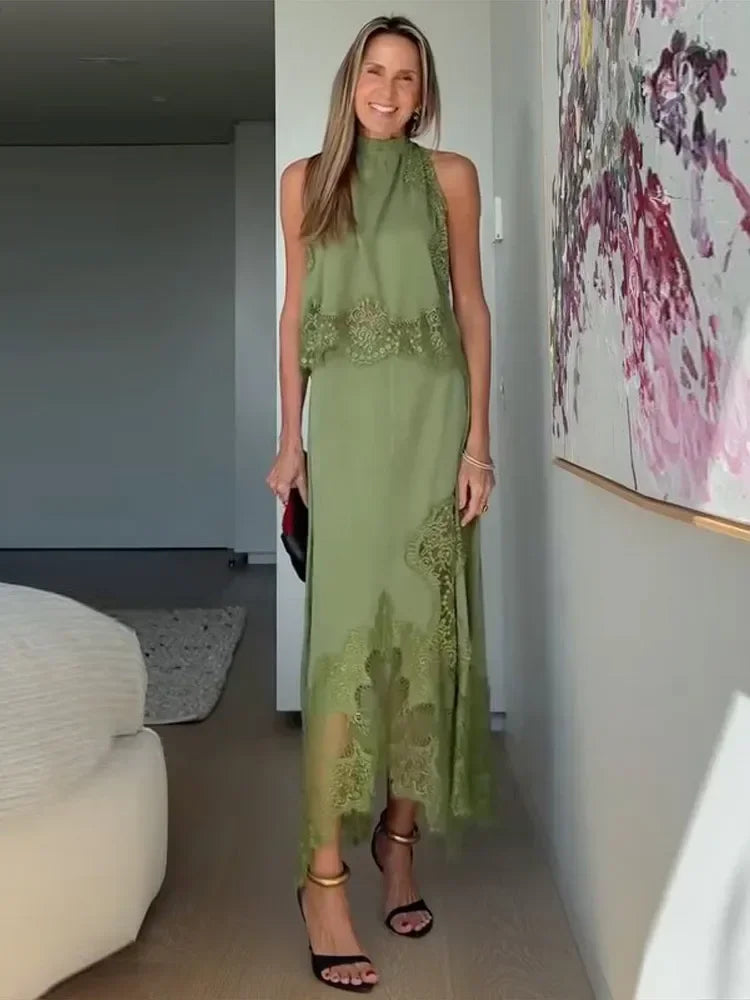Aiertu  -  Elegant Lace Patchwork Skirt Sets Women Sleeveless O Neck Tank Top Split Midi Skirts Suits 2025 New Vacation Solid Outfit Street Aiertu