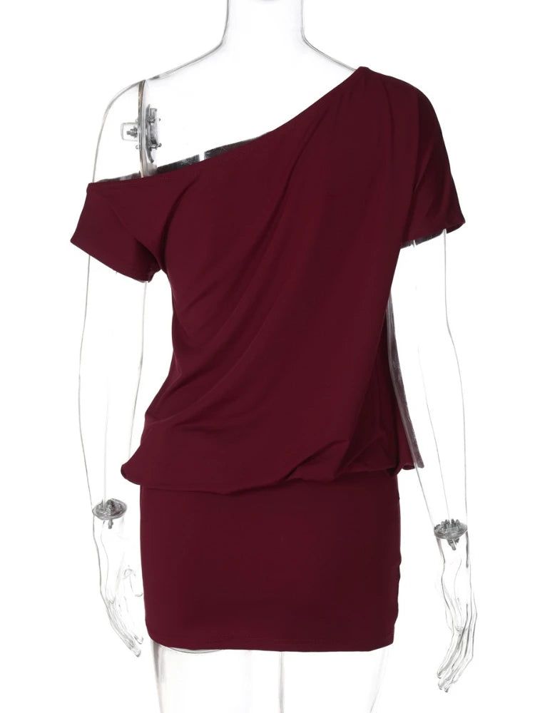 Aiertu  -  Fashion One Shoulder Diagonal Collar Asymmetrical Short Dress Women's 2026 Summer Short Sleeve Package Hip Mini T-shirt Dresses Aiertu
