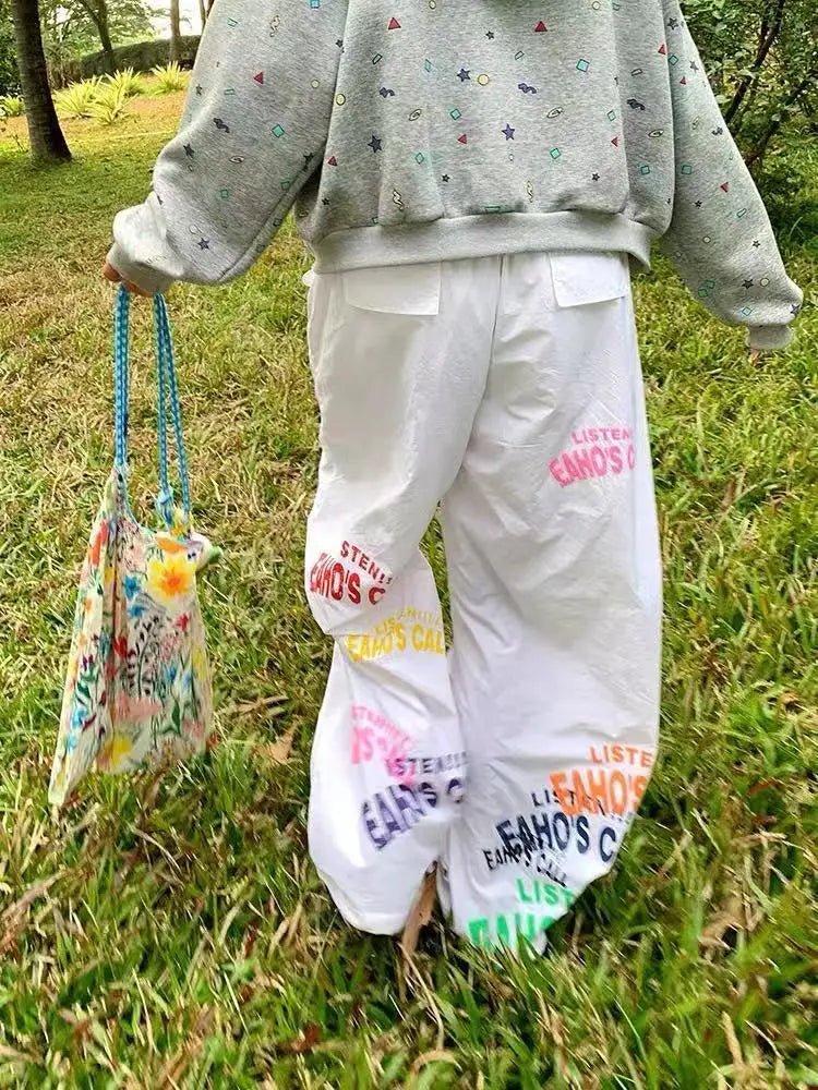 Aiertu  -  Summer new dopamine letter design sports wide-leg paratrooper pants American retro beach mopping trousers Aiertu