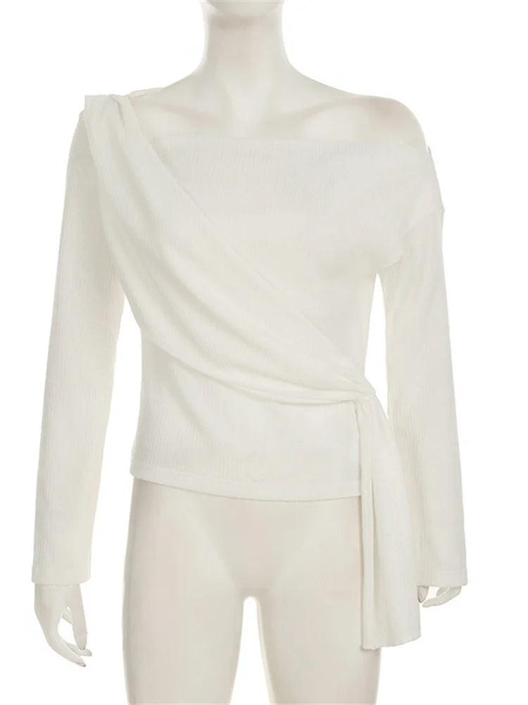 Aiertu  -    Casual Bandage Patchwork T-shirt Pullover Female Solid Lace-Up Off-Shoulder Slim Pleated White Tee Women Knit Sweater Top Aiertu