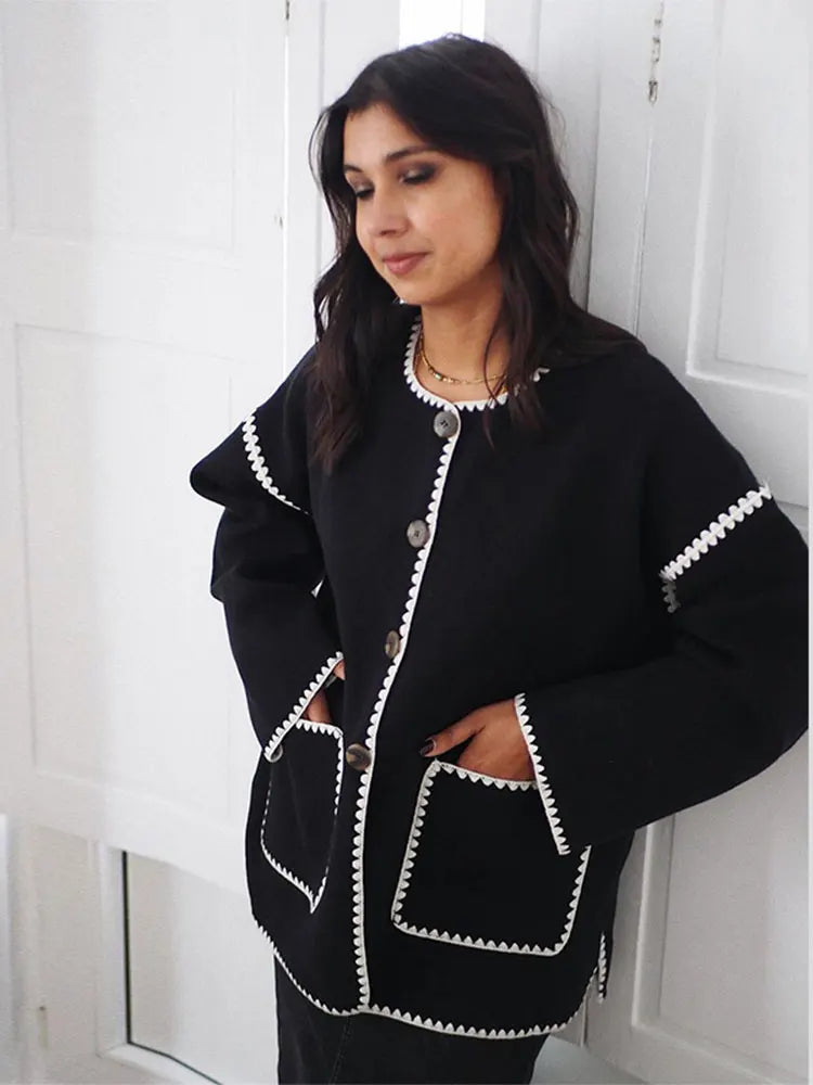 Aiertu  -  Autumn Women Contrast O Neck Loose Jacket Femlae Elegant Long Sleeves Loose Coat 2026 New Winter Lady High Street Outercoat Aiertu