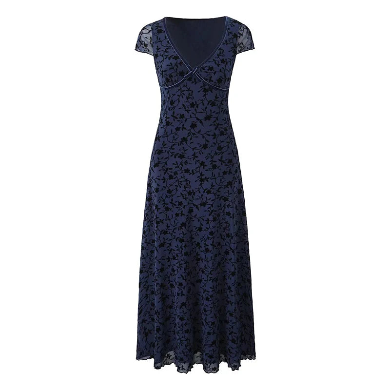 Aiertu  -  Summer Women Navy Blue Short Sleeve V Neck Floral Print Dress High Waist A-line Midi Mesh Vintage Dresses French Style Robe Aiertu