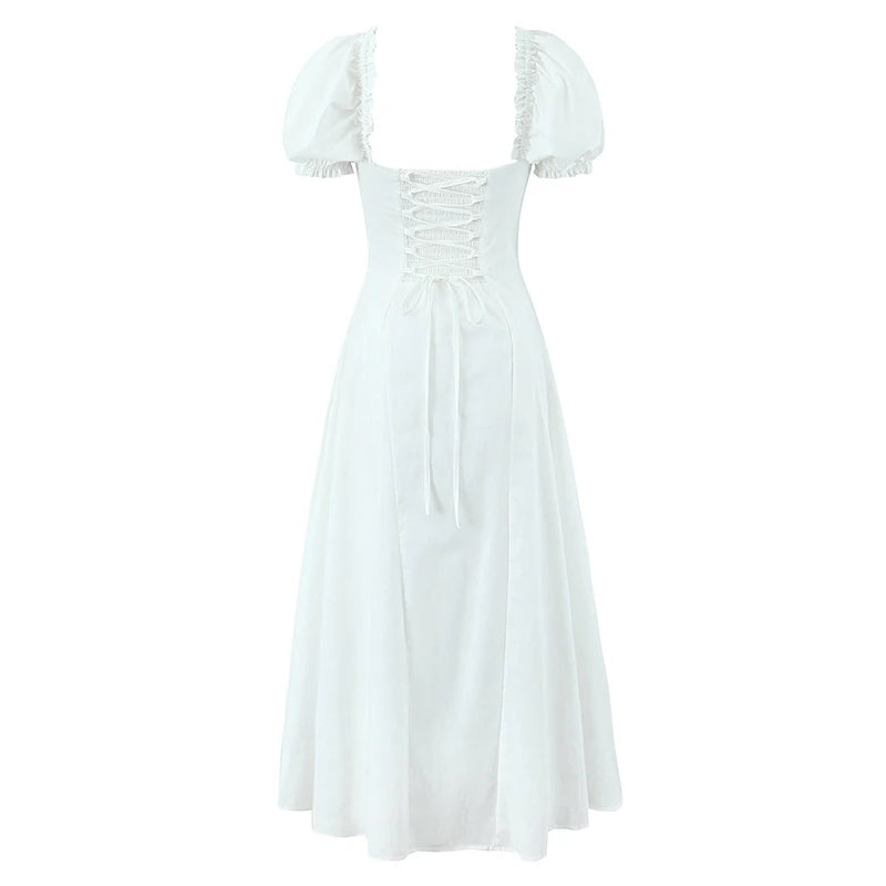 Aiertu  -  Sexy Off Shoulder Blue White Elegant Dress For Women Short Sleeve Lace Up Back A-line Midi Party Dresses Summer Robe Aiertu
