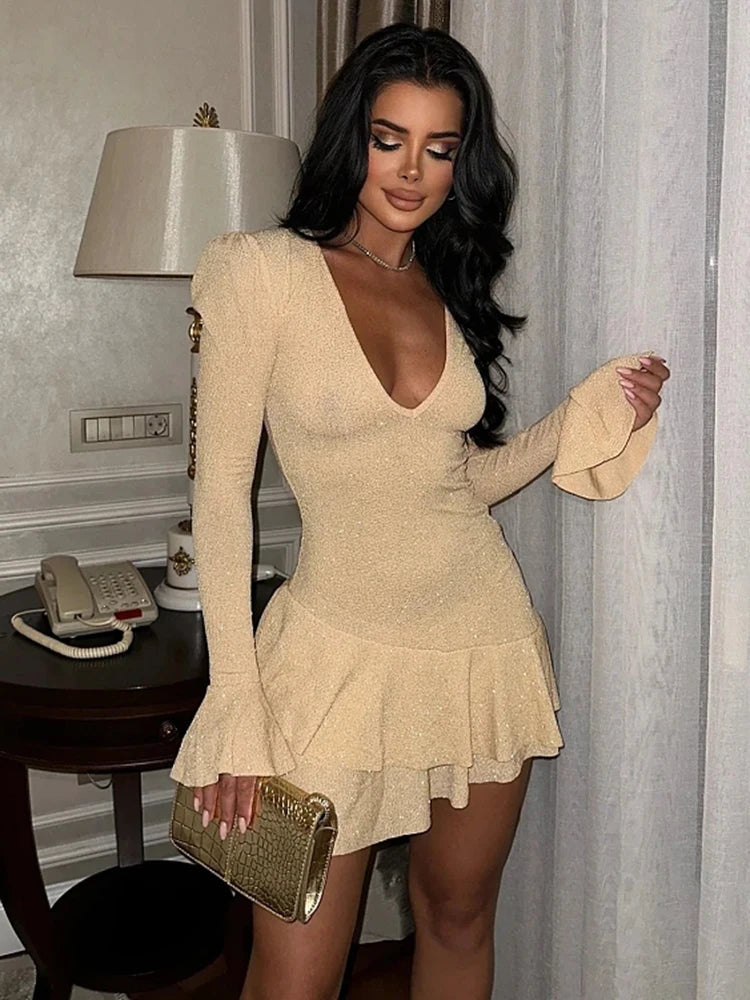 Aiertu  -  Glitter Bright Silk Ruffled Dress Women Sexy Deep V Neck Long Sleeve Mini Dresses Female Elegant Party Evening Vestidos Aiertu