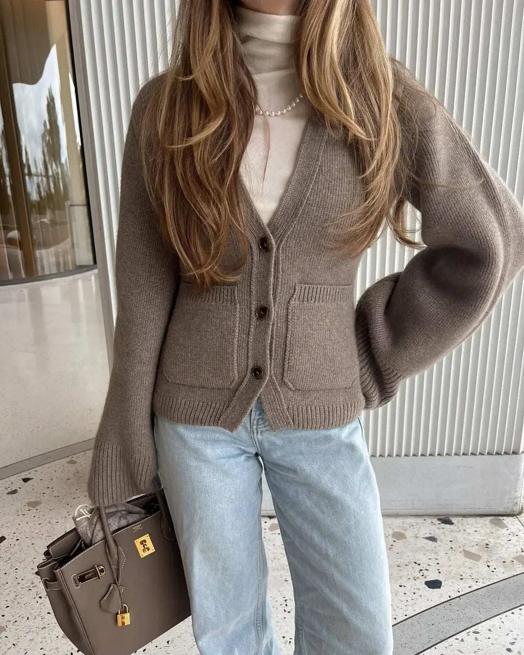 Aiertu     -  Fall Outfits 2026 Elegant Marron V-neck Knitted Cardigans With Pocket Casual Single Breasted Long Sleeve Knitwear Women New Autumn Commute Sweater Aiertu
