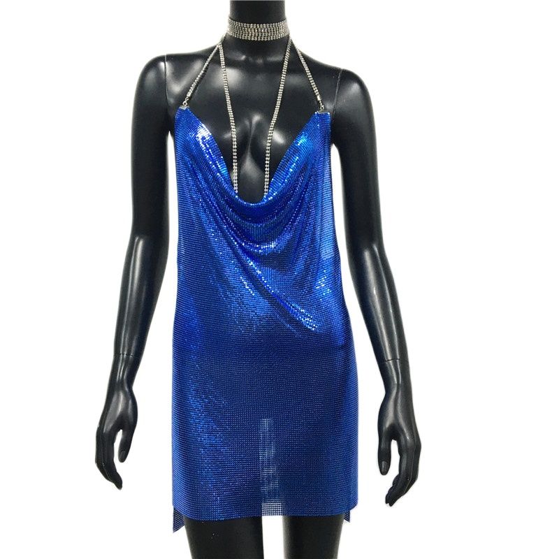 Aiertu Sexy Gold Sequined Patchwork Mini Dress Women Sleeveless Low Cut Metal Chains Halter Slim Charming Nightclub Party Dresses Aiertu