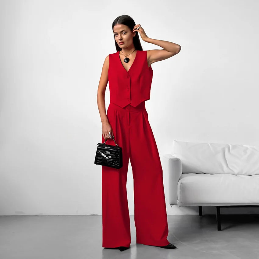 Aiertu  -  Summer 2026 Causal Fashion Pants Suits Solid Street Two Piece Pants Sets Casual Blazers Vest Pleated Pants Women Set Outfits Aiertu