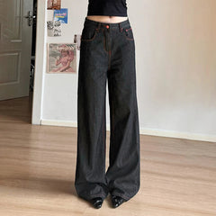Aiertu  -  Y2K Contrast Stitch Black Straight Jeans Vintage Embroidery Pockets Back Harajuku Vintage Loose Denim Pants Grunge Aiertu