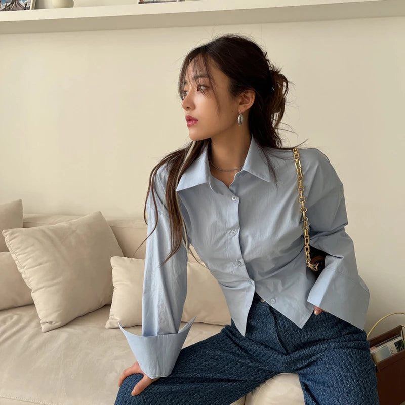Aiertu Korean Long Sleeve Shirt Women Sexy Strap Backless Chic Blouse Office Lady Slim Lace Up Turn Down Collar Casual Top Aiertu