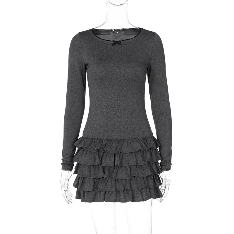Aiertu  -  Fashion Ruffled Mini Dress For Women O Neck Bows Frill Dress Slim Long Sleeve Club Casual Party Dress Vestido 2025 New Aiertu