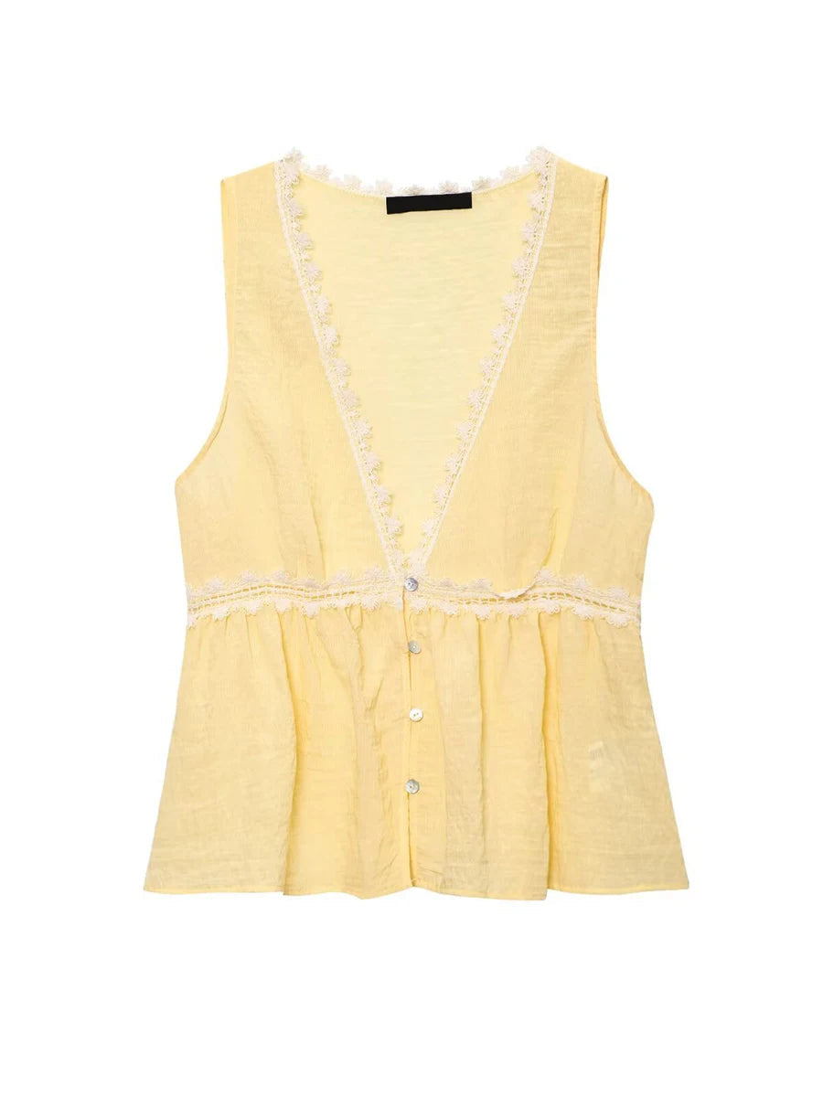 Aiertu  -  Solid Lace Trim Blend Vest Women Summer New Simple V Neck Single Breasted Tank Top Sexy Fashion Casual Sweet Sleeveless Tops Aiertu