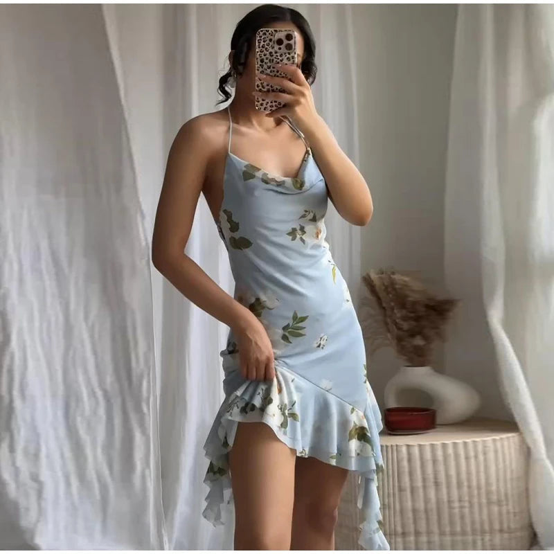 Aiertu  -  Sleeveless Flower Print Dress Woman 2025 Tulle Mini Dresses For Women Summer Backless Sexy Dress Elegant Party Dresses Aiertu