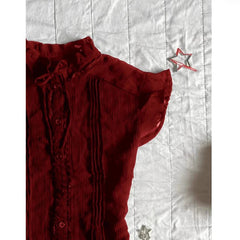 Aiertu  -  Vintage Shirts Women Harajuku Aesthetic Ruffles Lace Up Blouses Summer Ladies Korean Stand Flying Short Sleeve Design Tops Aiertu