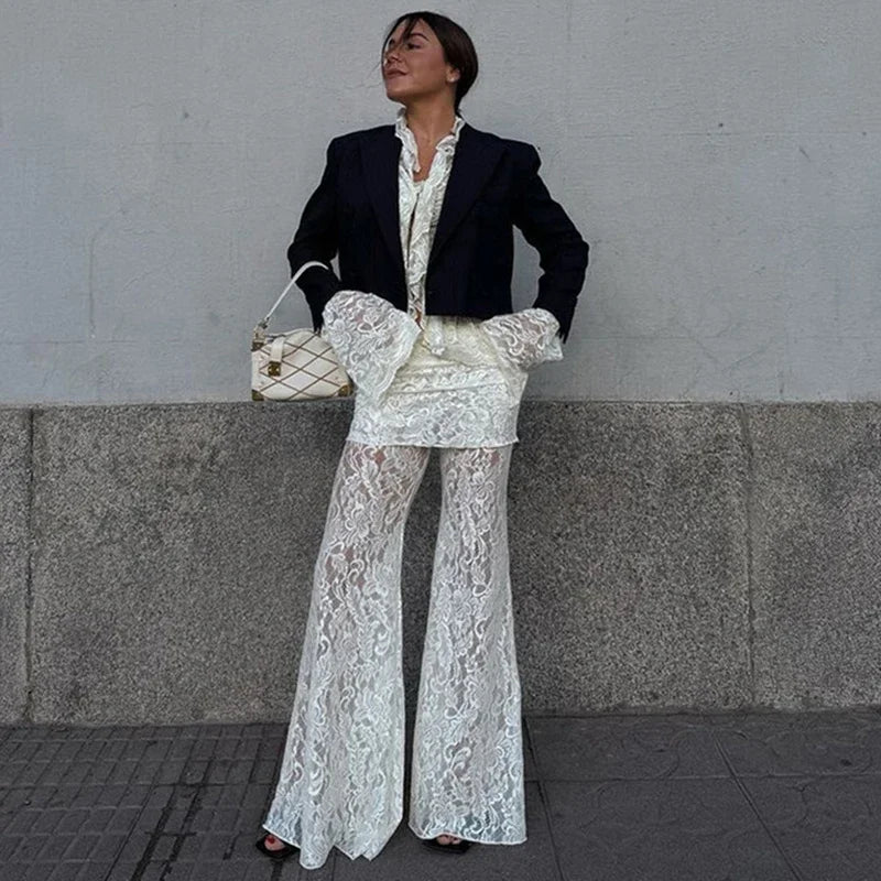 Aiertu  -  Women's Lace Long Pant Sets Sexy See Through Slim Cardigan Top High Waist Trousers Female Fashion Matching Sets Autumn Aiertu