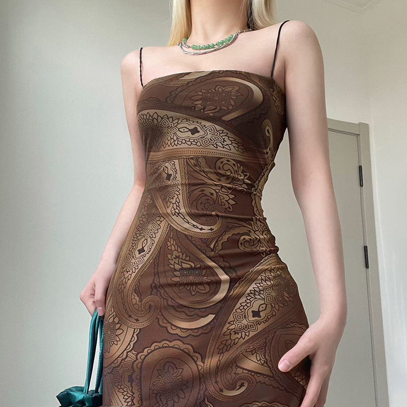 Aiertu - Retro Print Backless Strap Sexy Sling Maxi Dress Aiertu