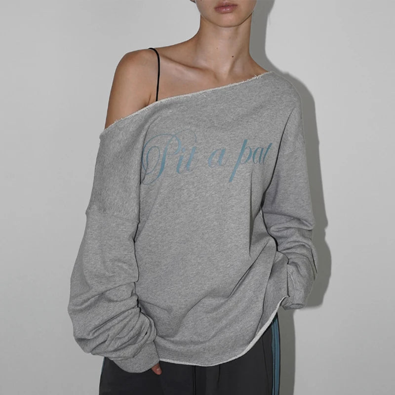 Aiertu  Letter Print Long Sleeve Skew Collar Loose Casual Irregular T-Shirt Fashion Vintage Tops Autumn Streetwear Sweatshirt Aiertu