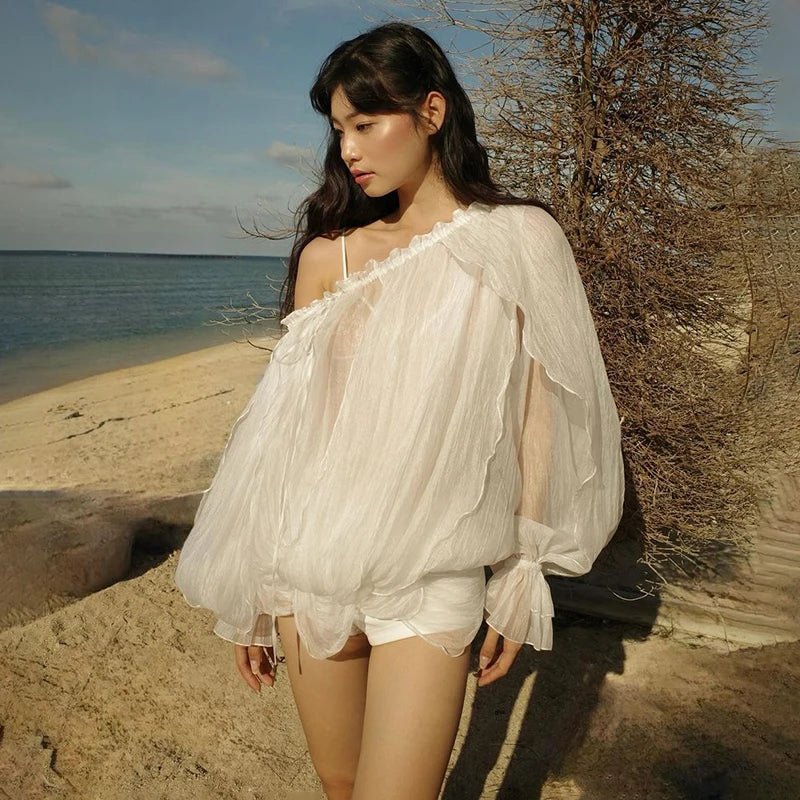 Aiertu  -  Off Shoulder See Through Long Sleeve T Shirt Women Sexy Mesh Lace Up Flare Sleeve White Loose Backless Club Hot Girl Top Aiertu